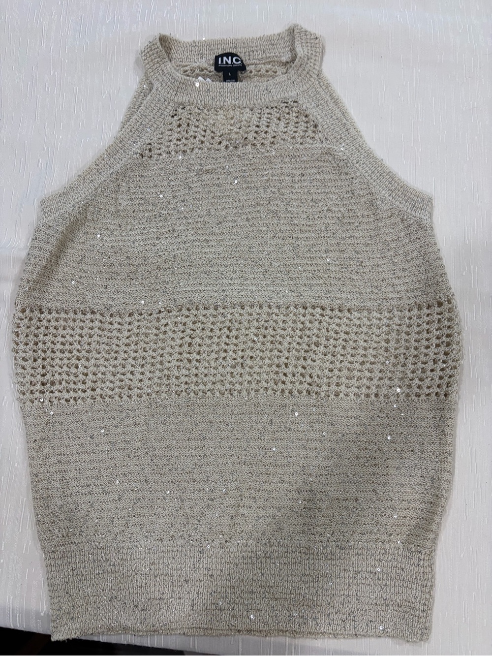 INC International Concepts Beige Sparkle Openwork Knit Halter Tank